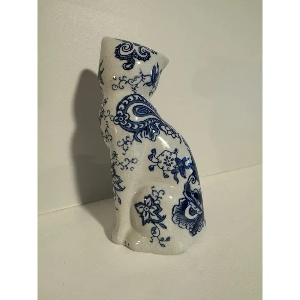 Vintage Cat Figurine Ceramic Blue and White Cottagecore Formalities by Baum Bros